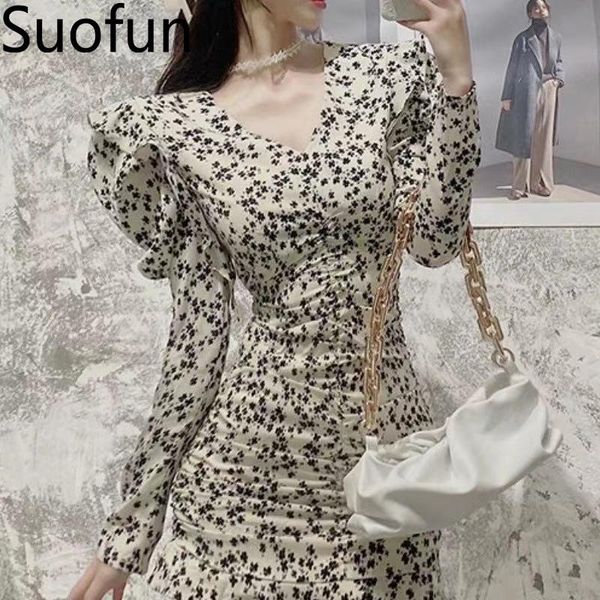 

casual dresses suofun v-neck spring party pencil leopard -print fairy broken flower chiffon 2021 long sleeve bodycon night club summer dress, Black;gray