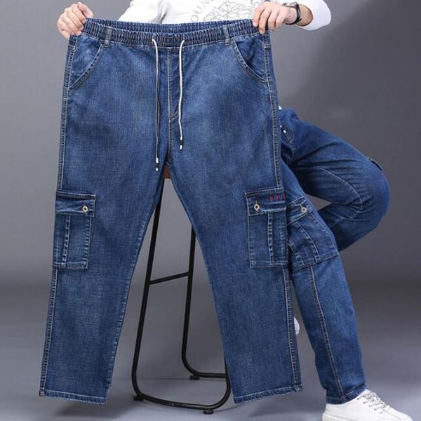 

men's jeans high waist straight large size denim trouser male black side multi pocket blue loose elastic band cargo pants