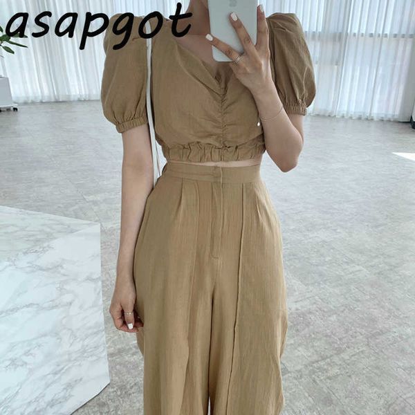 

matching sets pant sets v neck puff short sleeve pleated blouse women short high waist split wide leg pants casual retro 210610, White