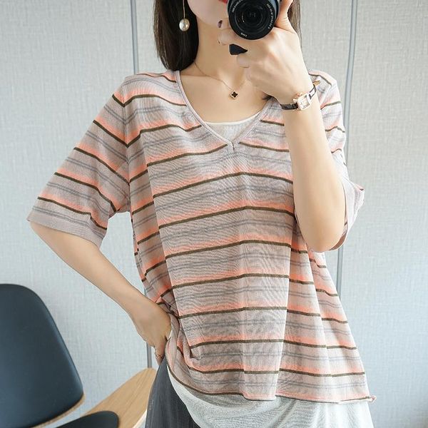 

summer v-neck short sleeve women's cotton t-shirt lazy loose color matching stripe fake two and a half sleeves bottom c, White