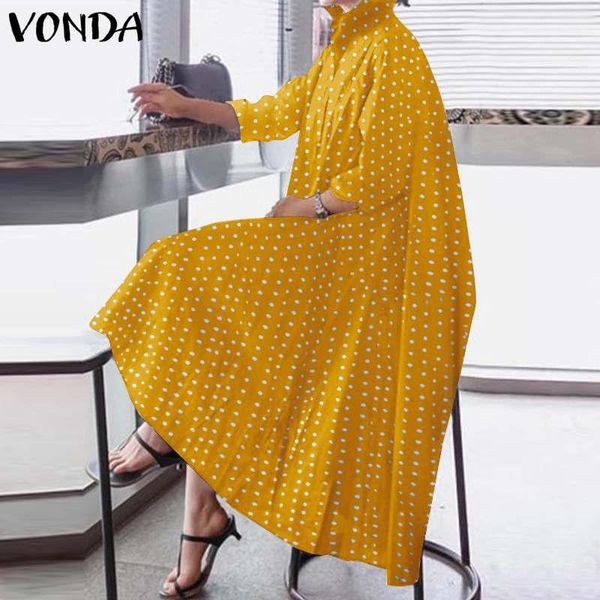 

casual dresses polka dot printed shirt dress 2021 vonda office ladies sundress vintage asymmetric party maxi long plus size vestidos, Black;gray