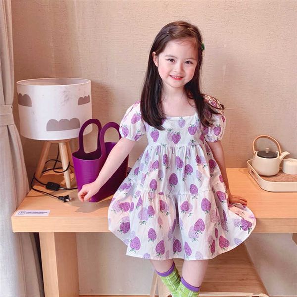 

summer little princess strawberry print short sleeve dress cotton kids clothes baby girls square collar loose casual dresses 210615, Red;yellow