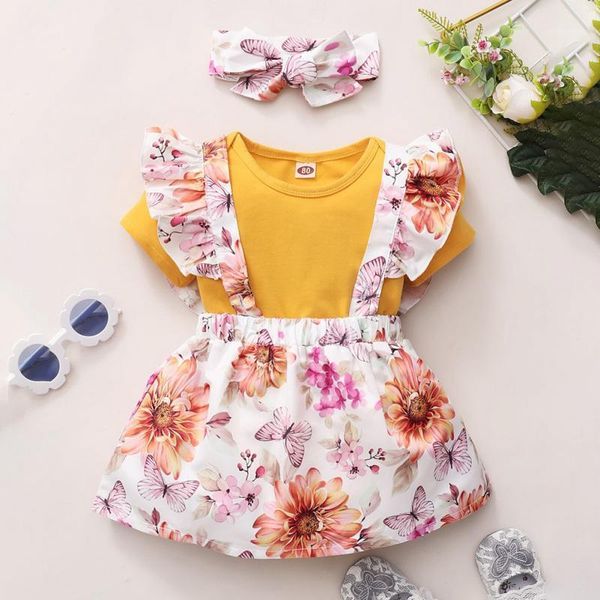 

clothing sets summer baby girl short sleeve solid color romper floral strap skirt headband outfits clothes, White