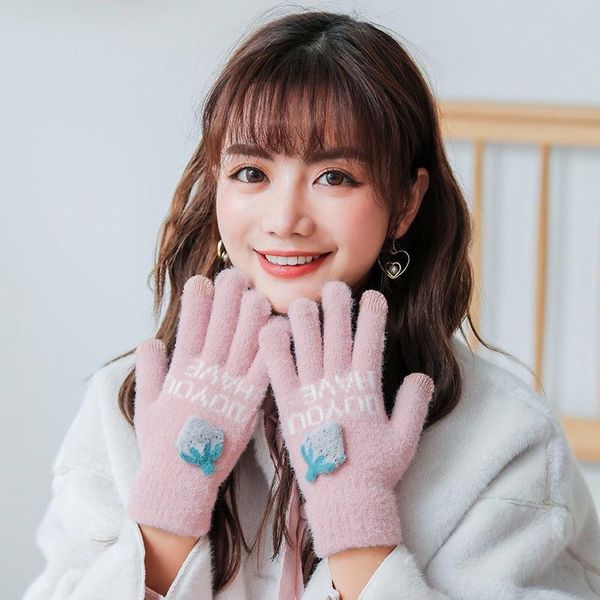 

five fingers gloves 2021 winter women' touch screen knitted to keep warm and cold-proof riding cute strawberry plush, Blue;gray