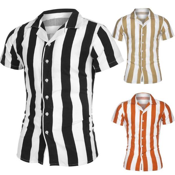 

men's casual shirts teenager short-sleeved turn down collar shirt business striped slim-fit lapel button cardigan top, White;black