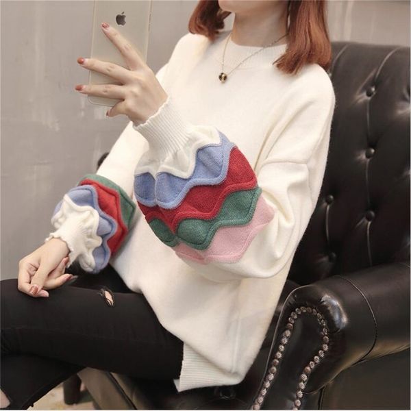 

autumn and winter loose round neck color wide-sleeved sweater hem hole lazy wind pullover women 210427, White;black