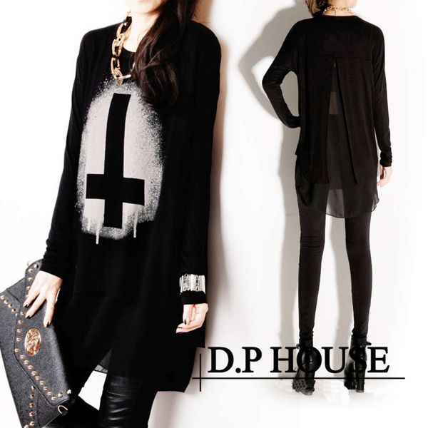 

spring and autumn women's casual loose large cross snowspinning splicing dress medium length t-shirt, Black;gray