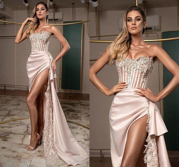 Elegantes trägerloses Satin-Abschlussballkleid von Aso Ebi, Spitze, appliziertes Perlenkorsett, sexy formelle Abendkleider für Frauen, hohes Geteiltes, langes Meerjungfrau-Zweite-Empfangskleid 9199