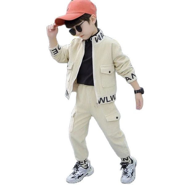 

spring & autumn corduroy boy sets new 2021 korean version fashion clothes for teens 2-piece handsome casual childrens clothing, White