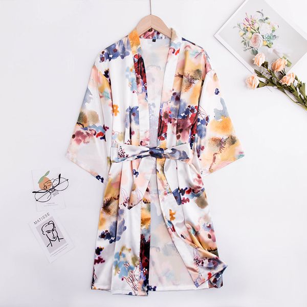 

ice silk pajamas women's summer silk robes women's summer bathrobes morning robes bathrobes large size printed housewear thin 1877, Black;red