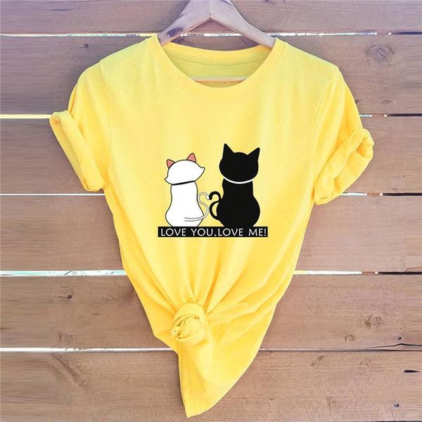 

plus size s 5xl lovely women cat print 100% cotton o neck short sleeve summer funny, White