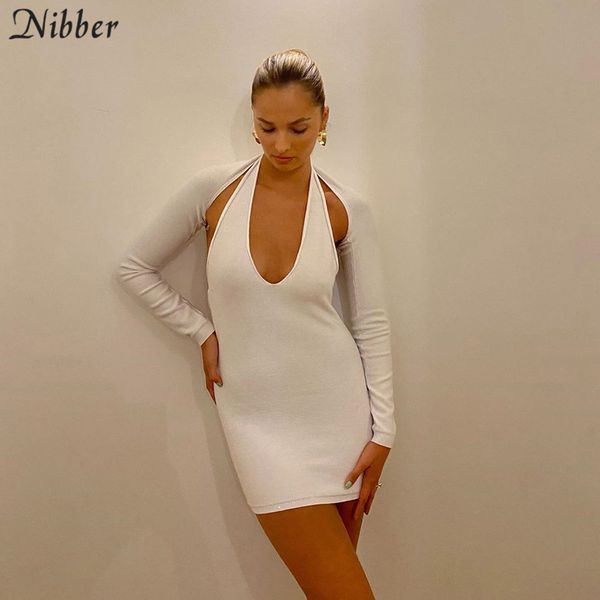 

2021nibber women bodycon halter knitting low-cut dress 2piece outfit fall solid mini casual strewear 2021 office lady simple clother, Black;gray