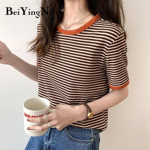 

women's t-shirt beiyingni womens t-shirts vintage striped fashion tshirt female o-neck black tees loose tshirts korean harajuku t shir, White