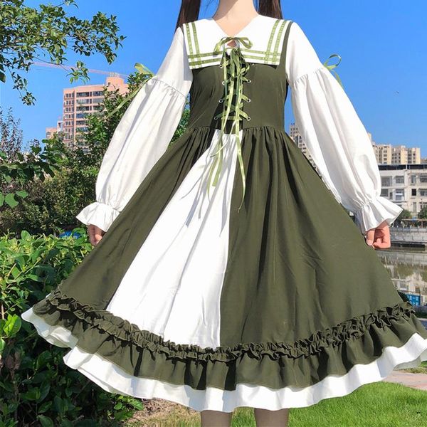 

casual dresses sweet square collar lolita japanese dress for girl kawaii puff sleeve splicing soft autumn ruffle midi, Black;gray