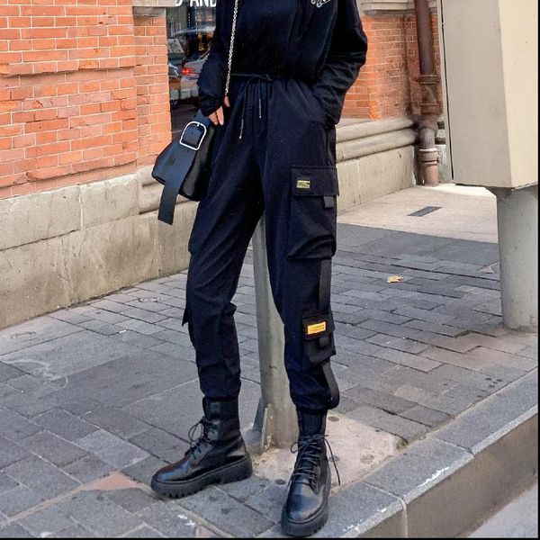 

korean style punk cargo fashion womens capris trousers jogger black mid waist hip hop streetwear, Black;white