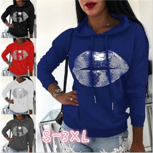 

hoodies women solid color hooded lip printed loose sweatshirts pullover casual autumn female hoodie women's &, Black