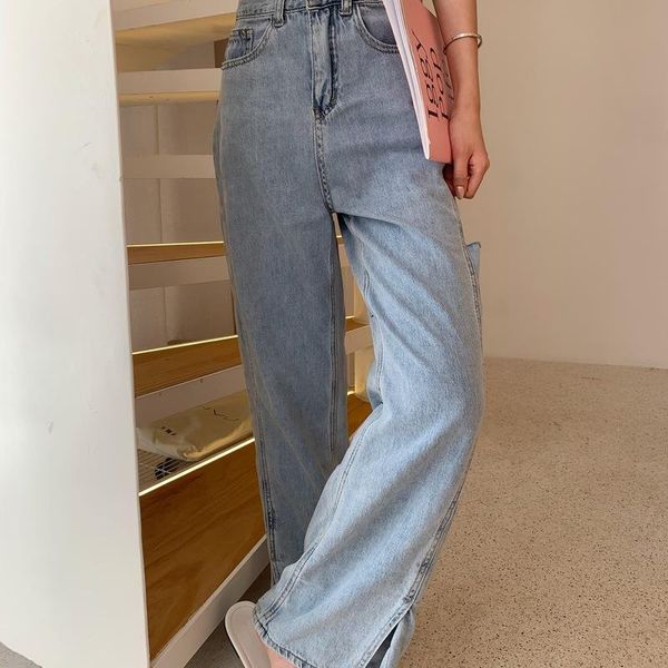 

women's jeans for summer light blue color is the foot open fork mouth side cut loose wide-legged pants of mop floor