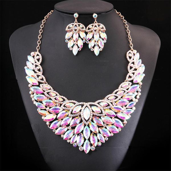 

earrings & necklace women accessories wedding prom bridal party crystal pendant statement earring african beads jewelry set 5 colors, Silver