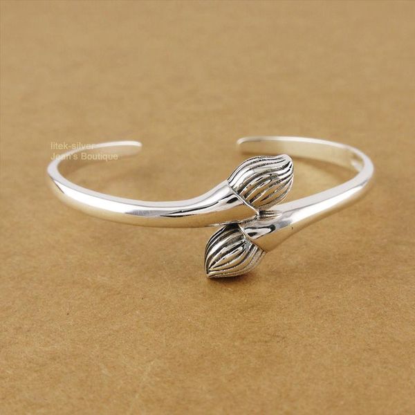 

solid sterling silver retro lotus bud flower bangle 13g zen yoga a2686, Black