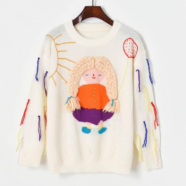 

women's sweaters cute oversize sweater woman 2021 lazy oaf pullovers kawaii doll cartoon girl appliques color tassel loose white, White;black