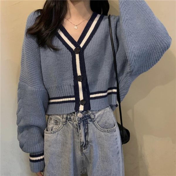 

women's knits & tees sweater cardigans women v-neck long sleeve patchwork crop elegant female outwear womens korean style autumn loose, White
