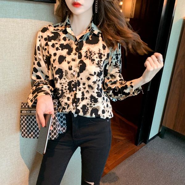 

women's blouses & shirts women summer office lady turn-down collar chiffon korean style leopard print long sleeve plus size shirt, White