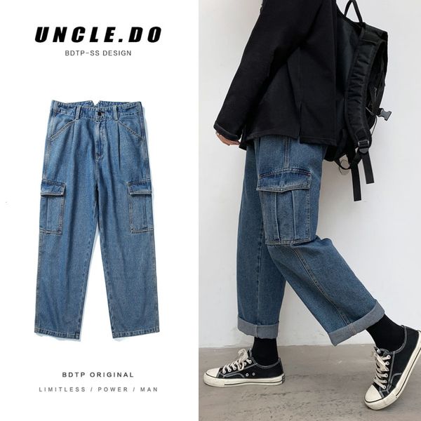 

autumn straight jeans mens fashion retro multi-pocket casual jeans pants men streetwear wild loose hip-hop denim trousers mens, Blue