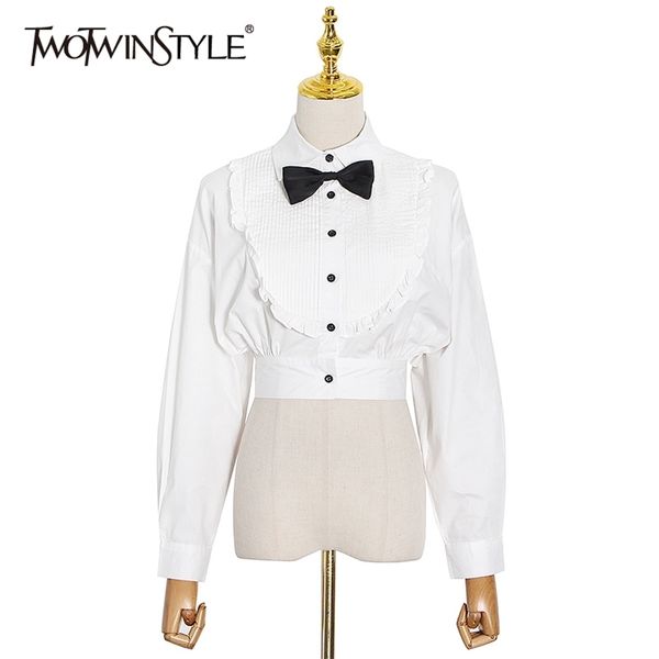 

spring patchwork short shirt for women bowknot collar long sleeve elegant blouse female fashion stylish 210524, White