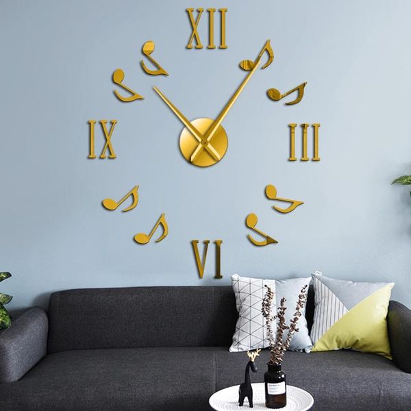 

wall clocks roman numerals diy big clock modern music notes giant 3d mirror large number watch sticker home decoration horologe