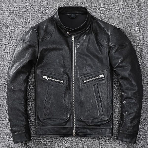 

men's genuine 2021 leather jacket layer sheep motorcycle spring autumn & faux, Black