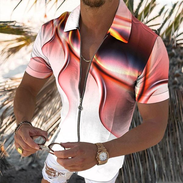 

men's t-shirts hip hop streetwear 3d ribbon gradient digital printed shirt oversized loose short sleeve fashion trend zipper cardigan 2, White;black