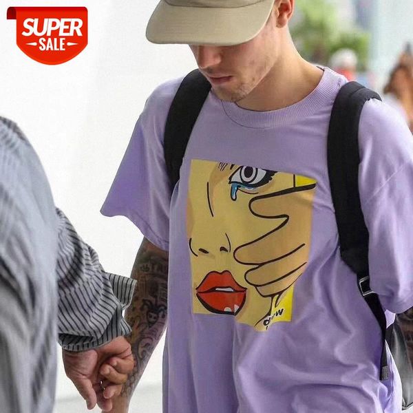 

street brand justin bieber drew girl crying bo wu yifan men and women personality short-sleeved t-shirt #ft9p, White;black