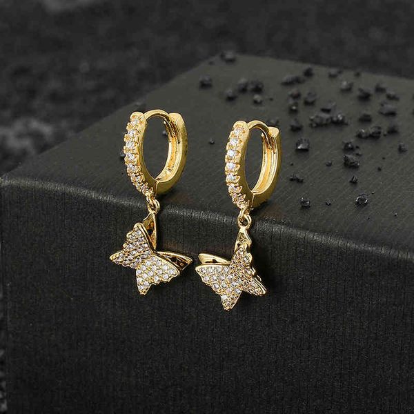 Charm 1 Paar Hip Hop AAA CZ Stein gepflastert Bling Ice Out Schmetterling Tropfen Ohrringe für Männer Frauen Unisex Modeschmuck Geschenk