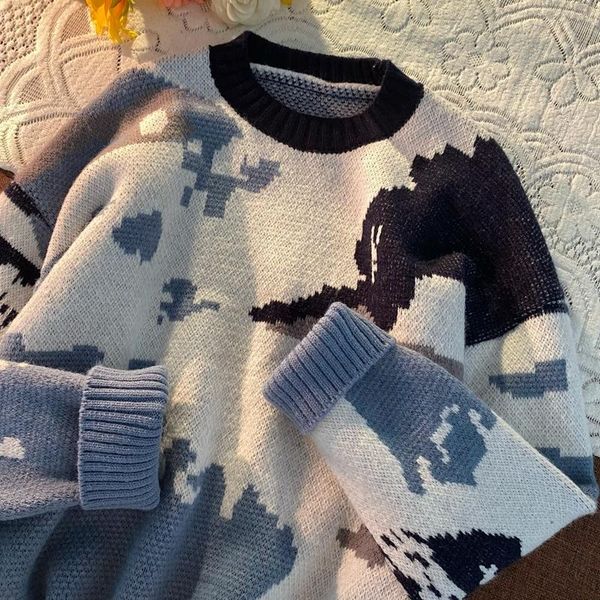 

women's sweaters soft milk blue sweater autumn and winter korean style stitching contrast color design sense retro lazy kio, White;black