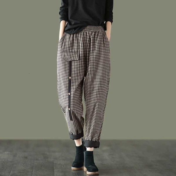 

women's jumpsuits & rompers arrival autumn arts style women elastic waist loose casual pants cotton linen plaid vintage harem plus size, Black;white