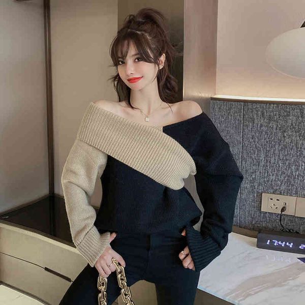 

spring women gentle casual slash neck loose soft minimalist panelled long sleeve pullover knitting sweater 8q005 210510, White;black