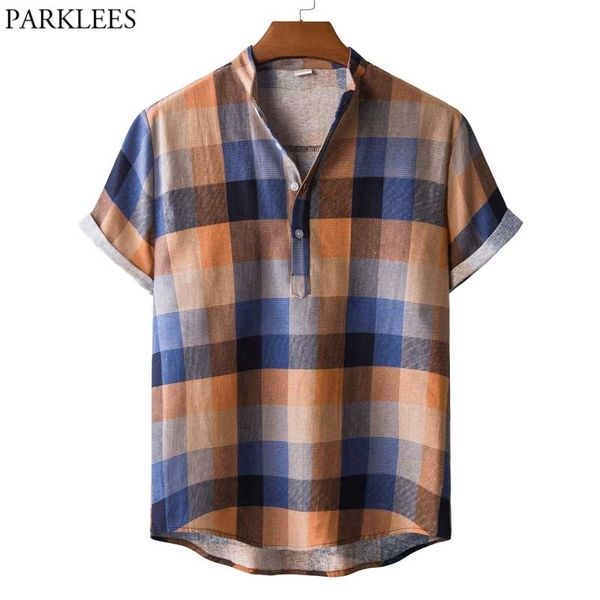 

plaid hawaiian beach shirt men women summer short sleeve henley shirt men casual button down tropical aloha shirt 3xl 210522, White;black