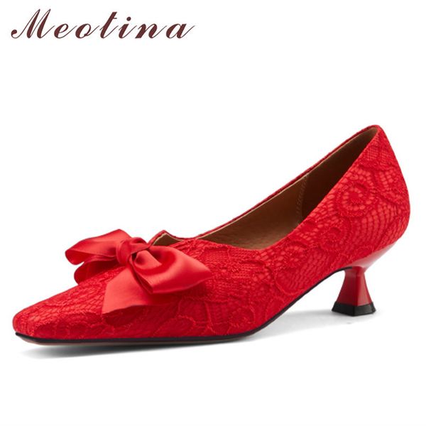 

med heels women wedding shoes fashion stiletto heel pumps bow square toe female footwear spring wine red large size 43 210517, Black