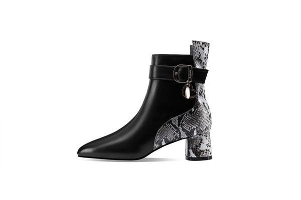 

boots lmyom brand genuine leather female head layer cowhide pointed toe thick heel mid-heel side zipper short, Black