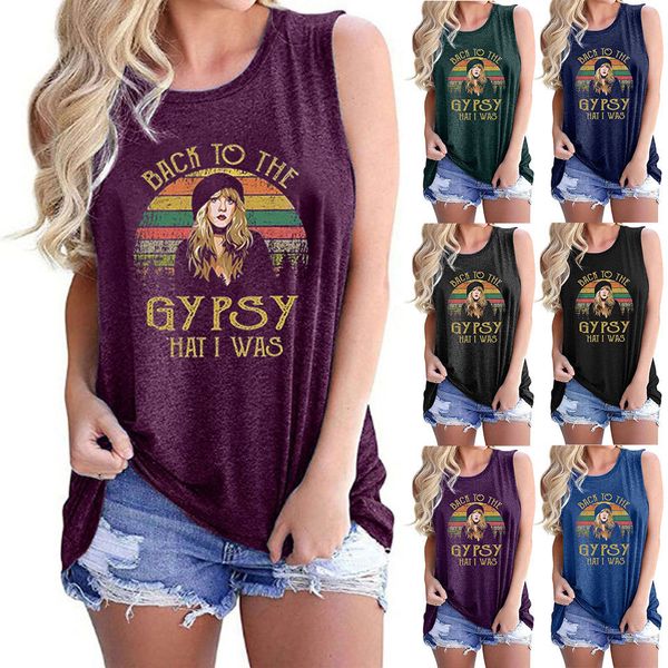 

fashion vest women's gypsy beauty print round neck sleeveless, Black;white