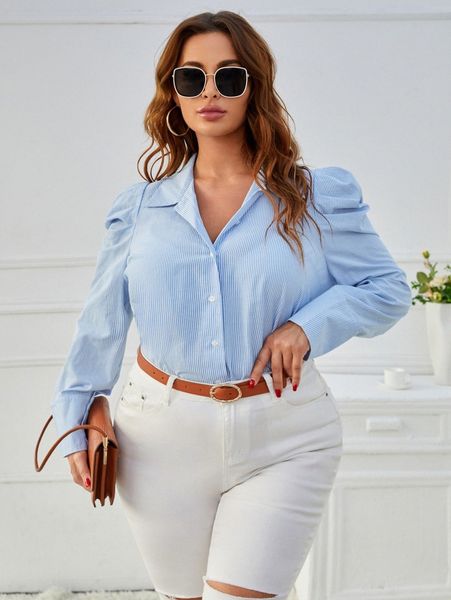 

plus vertical striped gigot sleeve blouse 96av#, Black