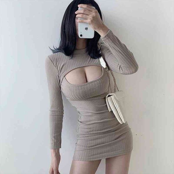 

womengaga korean hollow chest women dress long sleeve slim solid color spring ladies clothing girl mini aw20, Black;gray