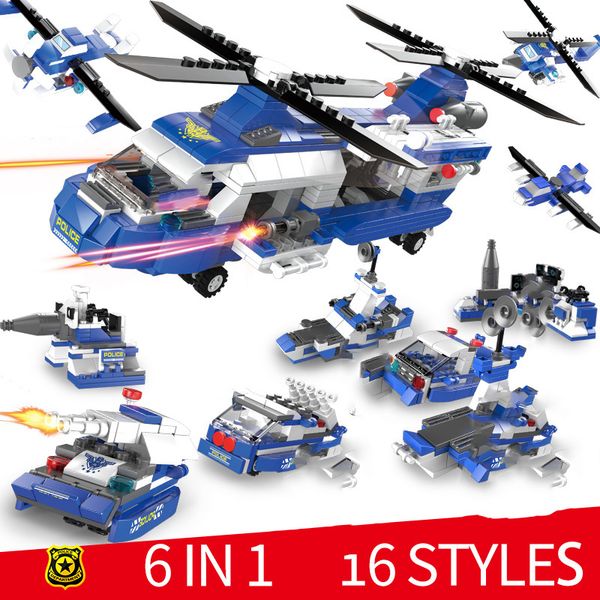 

6 IN 1 City Police Building Blocks Vehicle Aircraft Boy Toys Children Educational Truck Car Model Enlighten Bricks