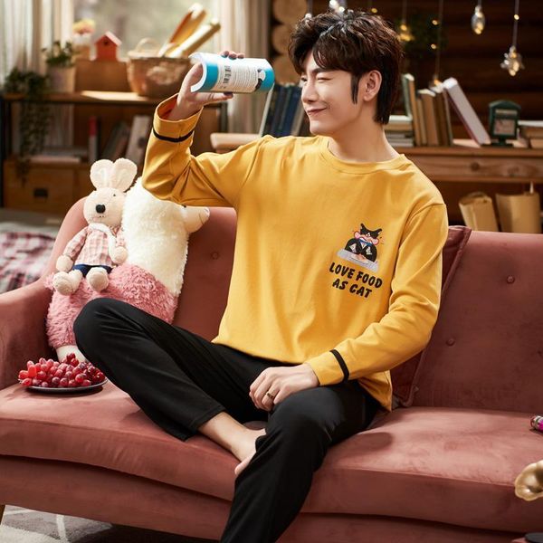 

men's sleepwear 6535cotton pullover long sleeve trousers pajama a sets winter boy man jammies o-neck home casual sleepwear nightw, Black;brown