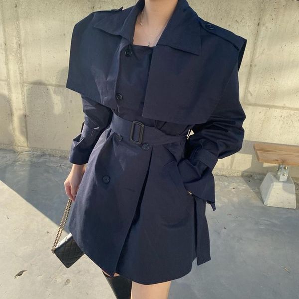 

women's trench coats [ewq] korea chic khaki coat women autumn 2021 laple loose lace up waist double breasted flare sleeve windbreaker, Tan;black