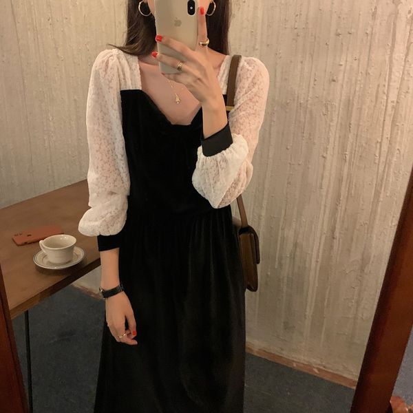 

dresses retro floral sleeves patchwork women es sweet autumn mid-calf elegant long vestidos office lady, Black;gray