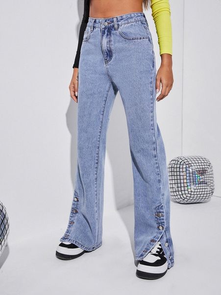 

buttoned hem bootcut jeans y6pe#, Blue