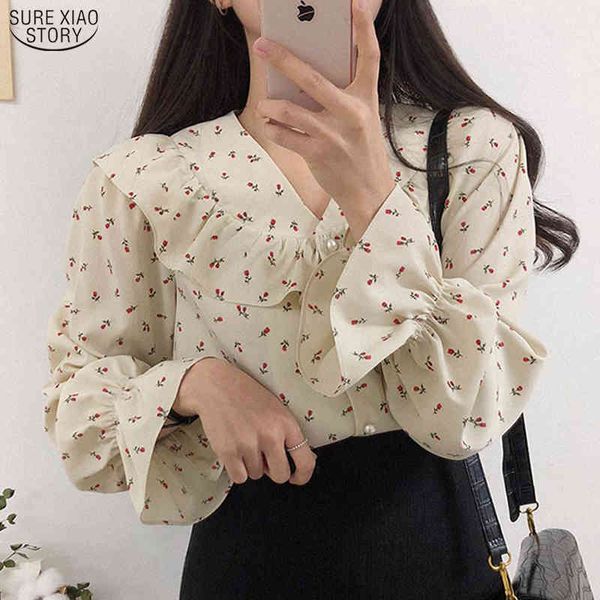 

cardigan plus size ladies korean autumn puff sleeve chiffon blouse office lady v neck floral shirts women 10335 210415, White