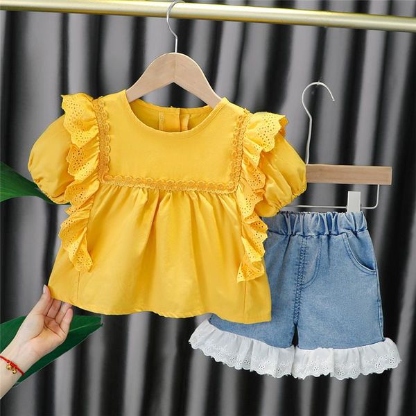 

clothing sets summer baby suit girl clothes round neck short sleeve solid color + denim lace shorts fashion children's, White