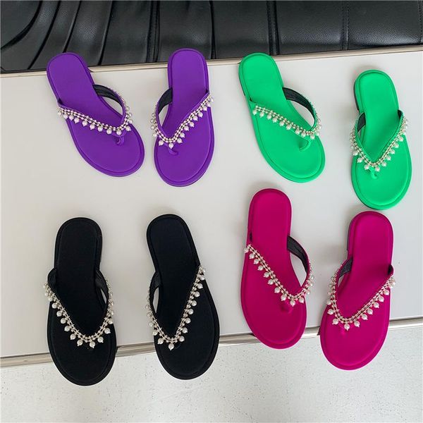 

string bead clip toe slippers women sandalias flat summer beach shoes ladies claquette femme crystal pearl slides flip flops, Black